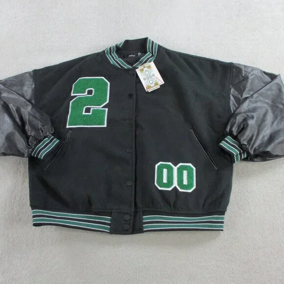 Boohoo PU Sleeve Oversized Varsity Jacket Womens US 2 UK 6 Black Green NWT NEW - Picture 2 of 9